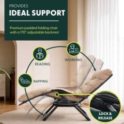 Keplin Square Tube Zero Gravity Chair with Cushion - Extra-Wide 72cm Recliner in Beige - thumbnail 4