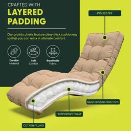 Keplin Square Tube Zero Gravity Chair with Cushion - Extra-Wide 72cm Recliner in Beige - thumbnail 5