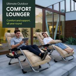 Keplin Square Tube Zero Gravity Chair with Cushion - Extra-Wide 72cm Recliner in Beige - thumbnail 9