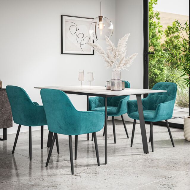 More4Homes Haydon Extending Dining Table & Chairs- White Marble Effect Table Top w Black Legs + Anika Velvet Dining Chair Set Of 6 in Blue - image 1