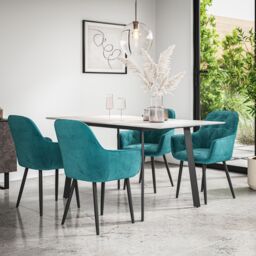 More4Homes Haydon Extending Dining Table & Chairs- White Marble Effect Table Top w Black Legs + Anika Velvet Dining Chair Set Of 6 in Blue