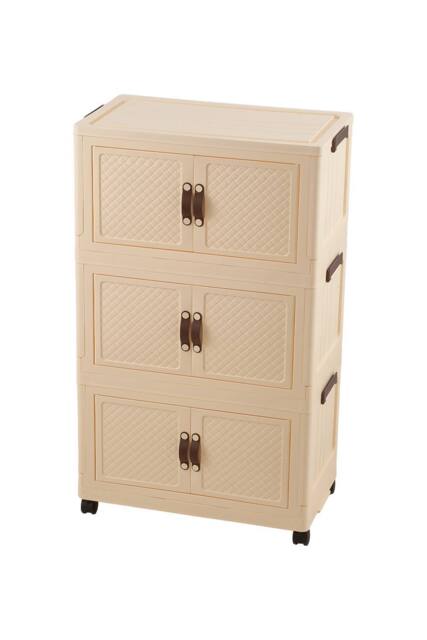 Living and Home Foldable 3-Tier Rolling Storage Cabinet with Magnetic Doors in Beige - image 1