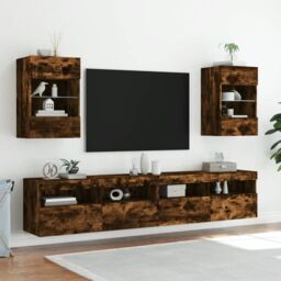 Berkfield Home TV Wall Cabinets with LED Lights 2 pcs Smoked Oak 40x30x60.5 cm in Brown - thumbnail 4