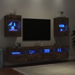 Berkfield Home TV Wall Cabinets with LED Lights 2 pcs Smoked Oak 40x30x60.5 cm in Brown - thumbnail 3