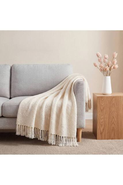 Living and Home Cozy Knitted Fringed Throw for Sofa & Bed Decor in Beige - Size: 130 cm x 170 cm - image 1