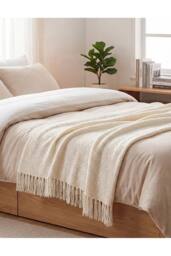 Living and Home Cozy Knitted Fringed Throw for Sofa & Bed Decor in Beige - Size: 130 cm x 170 cm - thumbnail 3