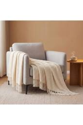 Living and Home Cozy Knitted Fringed Throw for Sofa & Bed Decor in Beige - Size: 130 cm x 170 cm - thumbnail 2