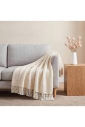 Living and Home Cozy Knitted Fringed Throw for Sofa & Bed Decor in Beige - Size: 130 cm x 170 cm - thumbnail 1