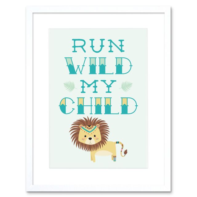 "Artery8 Wall Art Print Kids Run Wild Child Lion Framed in White - Size: W7"" x H9""" - image 1