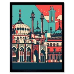 "Artery8 Wall Art Print Brighton's Royal Pavilion in Ivory Blue & Red Art Framed in Black - Size: W12"" x H16""" - thumbnail 1