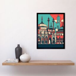"Artery8 Wall Art Print Brighton's Royal Pavilion in Ivory Blue & Red Art Framed in Black - Size: W12"" x H16""" - thumbnail 2