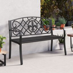 Costway Outdoor Garden Bench Metal Slatted Loveseat Cast Iron Backrest in Black - thumbnail 3