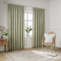 Wylder Bella Floral 100% Cotton Pencil Pleat Curtain Pair in Green - Size: 168 cm width x 229 cm drop