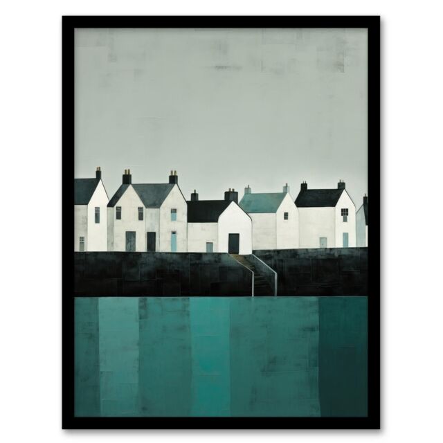 Wee Blue Coo Wall Art Print Scottish Harbour Morning Grey Sky Quiet Sea Town Teal Blue Grey Oil Painting Art Framed - Size: A4 - image 1