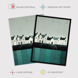 Wee Blue Coo Wall Art Print Scottish Harbour Morning Grey Sky Quiet Sea Town Teal Blue Grey Oil Painting Art Framed - Size: A4 - thumbnail 2