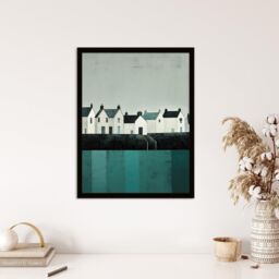 Wee Blue Coo Wall Art Print Scottish Harbour Morning Grey Sky Quiet Sea Town Teal Blue Grey Oil Painting Art Framed - Size: A4 - thumbnail 4