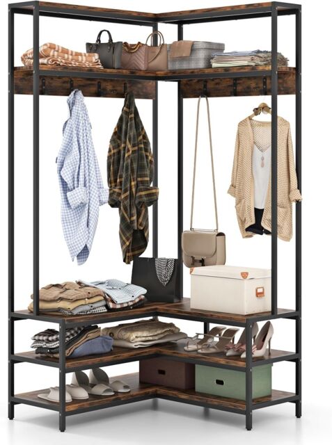Gymax L-shaped Clothes Rack Corner Shoe Bench With Open Shelves & 7 Hooks in Brown - image 1