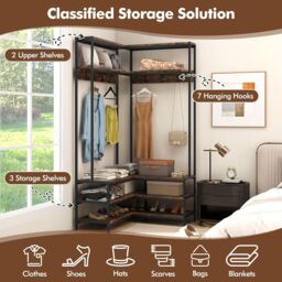 Gymax L-shaped Clothes Rack Corner Shoe Bench With Open Shelves & 7 Hooks in Brown - thumbnail 2