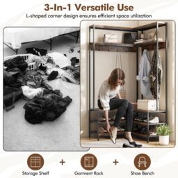 Gymax L-shaped Clothes Rack Corner Shoe Bench With Open Shelves & 7 Hooks in Brown - thumbnail 3