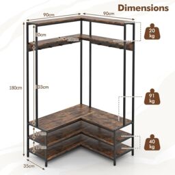 Gymax L-shaped Clothes Rack Corner Shoe Bench With Open Shelves & 7 Hooks in Brown - thumbnail 5