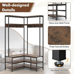 Gymax L-shaped Clothes Rack Corner Shoe Bench With Open Shelves & 7 Hooks in Brown - thumbnail 4