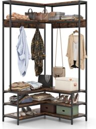 Gymax L-shaped Clothes Rack Corner Shoe Bench With Open Shelves & 7 Hooks in Brown - thumbnail 1
