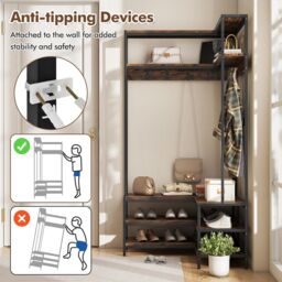 Gymax L-shaped Clothes Rack Corner Shoe Bench With Open Shelves & 7 Hooks in Brown - thumbnail 6