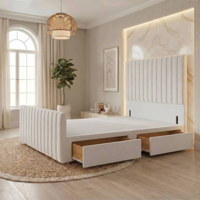 "Somnior Eleanor Velvet Divan Base 2 Drawers 54"" Headboard & 22"" Footboard in White - Size: Double" - image 1