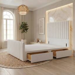 "Somnior Eleanor Velvet Divan Base 2 Drawers 54"" Headboard & 22"" Footboard in White - Size: Double"