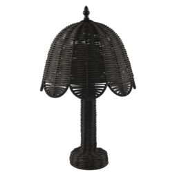 Happy Homewares Washed Black Woven Rattan Table Lamp with Scallop Shade & Switch