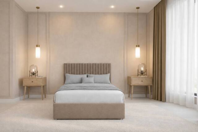 "Chester & Oakley Lorenzo Plush Divan Bed Base No Drawers - 26"" Headboard in Taupe - Size: Double" - image 1