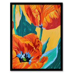 "Artery8 Stylised Orange Teal Tulip Flowers Vibrant Floral Framed Art Print - Size: W12"" x H16""" - thumbnail 1