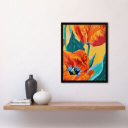 "Artery8 Stylised Orange Teal Tulip Flowers Vibrant Floral Framed Art Print - Size: W12"" x H16""" - thumbnail 4