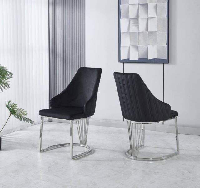 Modernique Set of 2 Velvet Upholstered Dining Chairs with Chrome Metal Legs in Black - image 1