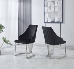 Modernique Set of 2 Velvet Upholstered Dining Chairs with Chrome Metal Legs in Black