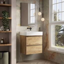 Banyetti Vatilla 600mm Wall Hung Vanity Unit with Veneto No Tap Hole Basin - Ostippo Oak in Light Oak - thumbnail 2