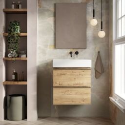 Banyetti Vatilla 600mm Wall Hung Vanity Unit with Veneto No Tap Hole Basin - Ostippo Oak in Light Oak