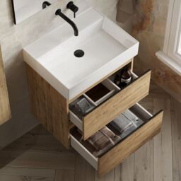 Banyetti Vatilla 600mm Wall Hung Vanity Unit with Veneto No Tap Hole Basin - Ostippo Oak in Light Oak - thumbnail 3