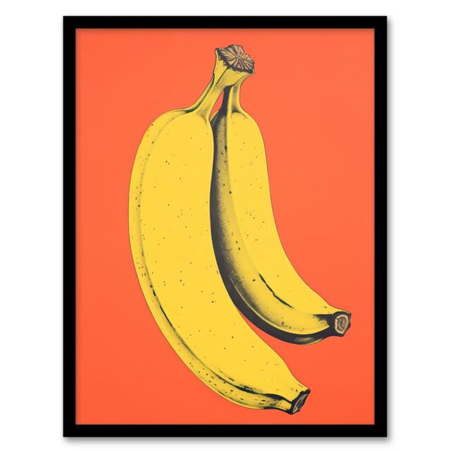 Wee Blue Coo Wall Art Print Banana Orange Kitchen Painting Vibrant Yellow on Orange Flat Bold Colour Art Framed - Size: A4 - image 1