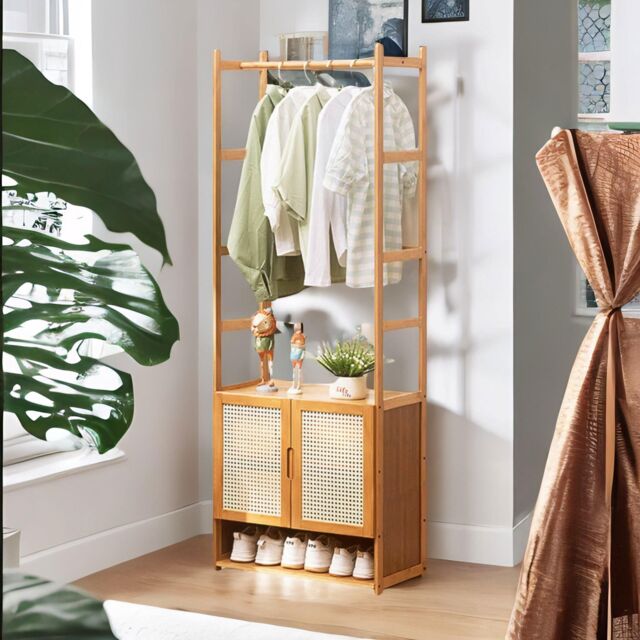 FURNOS Bamboo Hall Tree Coat Stand With Shoe Rack & Storage Cabinet in Natural - image 1
