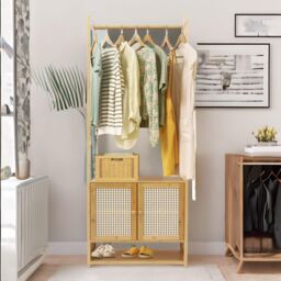 FURNOS Bamboo Hall Tree Coat Stand With Shoe Rack & Storage Cabinet in Natural - thumbnail 3