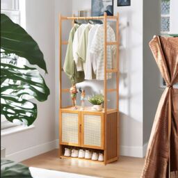 FURNOS Bamboo Hall Tree Coat Stand With Shoe Rack & Storage Cabinet in Natural
