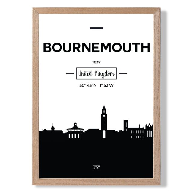 ARTZE Bournemouth Black & White City Skyline Framed Print SIZE: A4 with Oak Frame - image 1