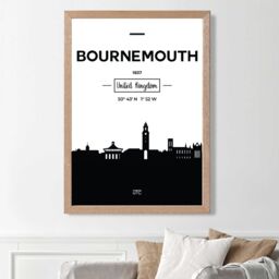 ARTZE Bournemouth Black & White City Skyline Framed Print SIZE: A4 with Oak Frame - thumbnail 2