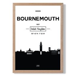 ARTZE Bournemouth Black & White City Skyline Framed Print SIZE: A4 with Oak Frame - thumbnail 1