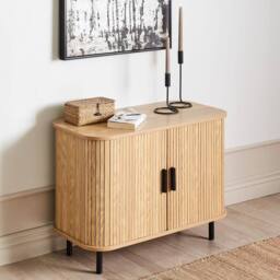 Wyld and Coco Retro Sideboard With Sliding Doors Light Brown Finish Black Legs - thumbnail 1