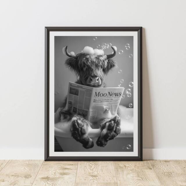 60 SECOND MAKEOVER Highland Cow Newspaper In Bath Quirky Animal Print - Size: A4 - image 1