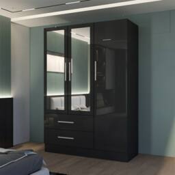 MN Furniture High Gloss 3 Door Mirrored Wardrobe with Drawers W120cm in Black - thumbnail 1