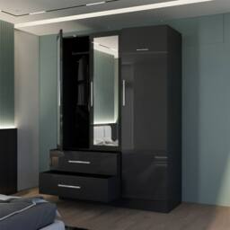 MN Furniture High Gloss 3 Door Mirrored Wardrobe with Drawers W120cm in Black - thumbnail 3
