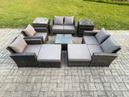 Fimous Outdoor Garden Furniture Sets 9 Pieces Wicker Rattan Furniture Manual Wicker Patio Sofa Patio Conversation Set with 2 Big Footstool - thumbnail 1